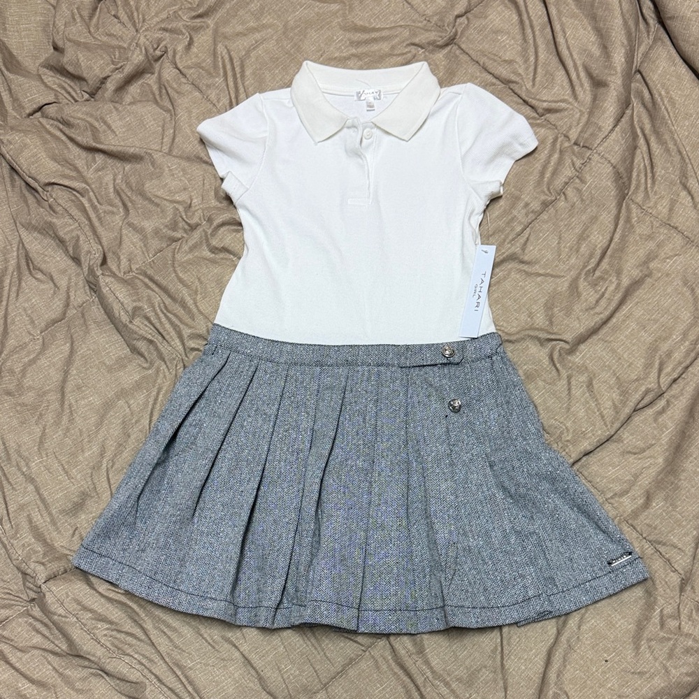 Tahari Girl NWT Dress Polo Shirt Top Twill Pleated Skirt Metallic Threads 7